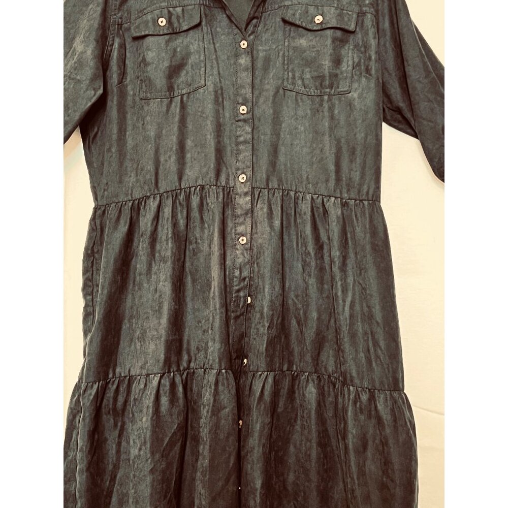XL Black Midi Button-Up Dress Rolled Sleeves Pockets Millennium Casual Boho - Picture 3 of 16